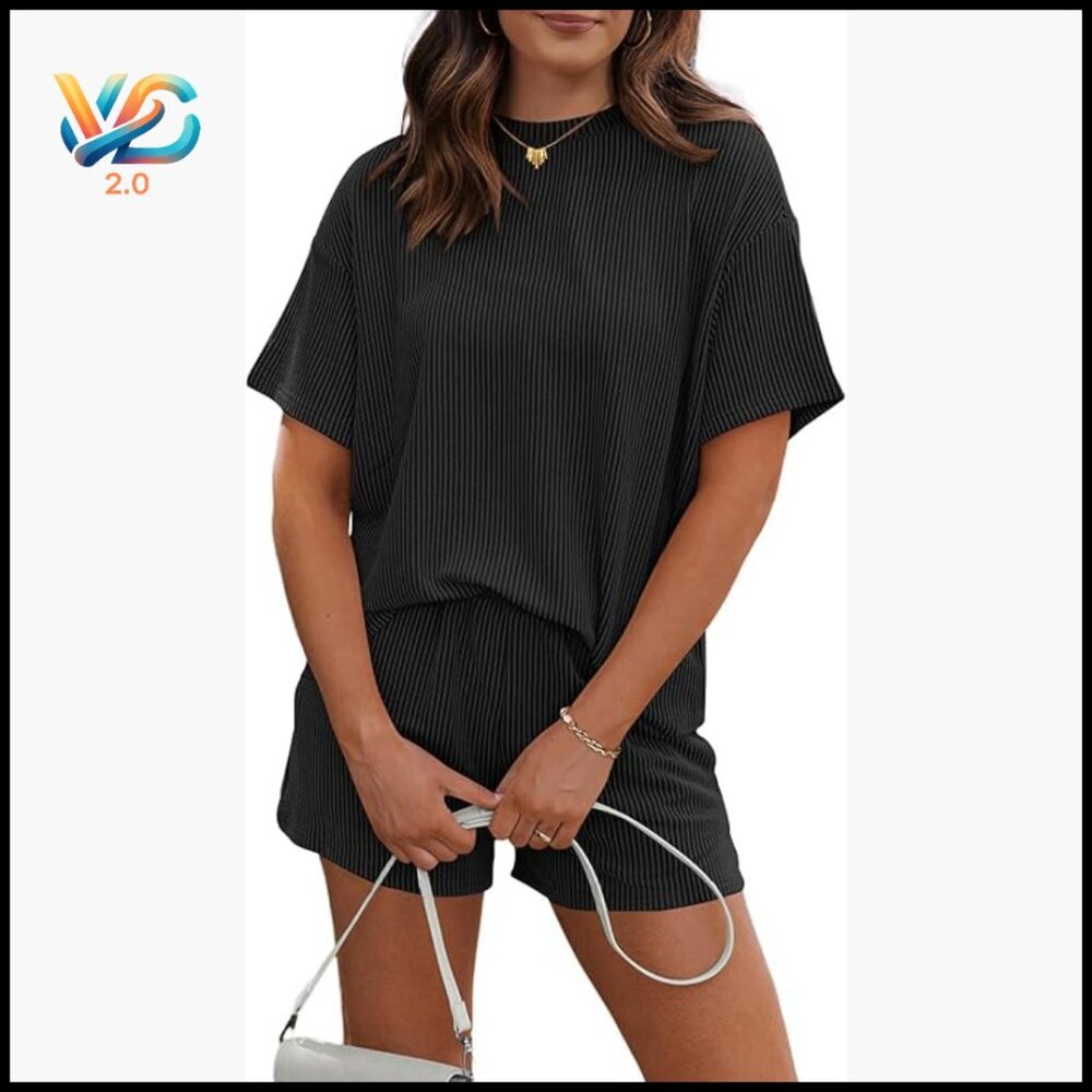 Ribbed Knit Lounge Set with Pockets, Loose Fit Shorts and Top